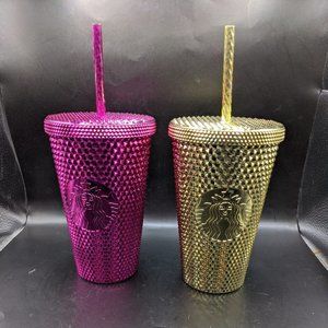 New Starbucks GOLD and SANGRIA Studded Grande Tumblers New Release 2022 16oz